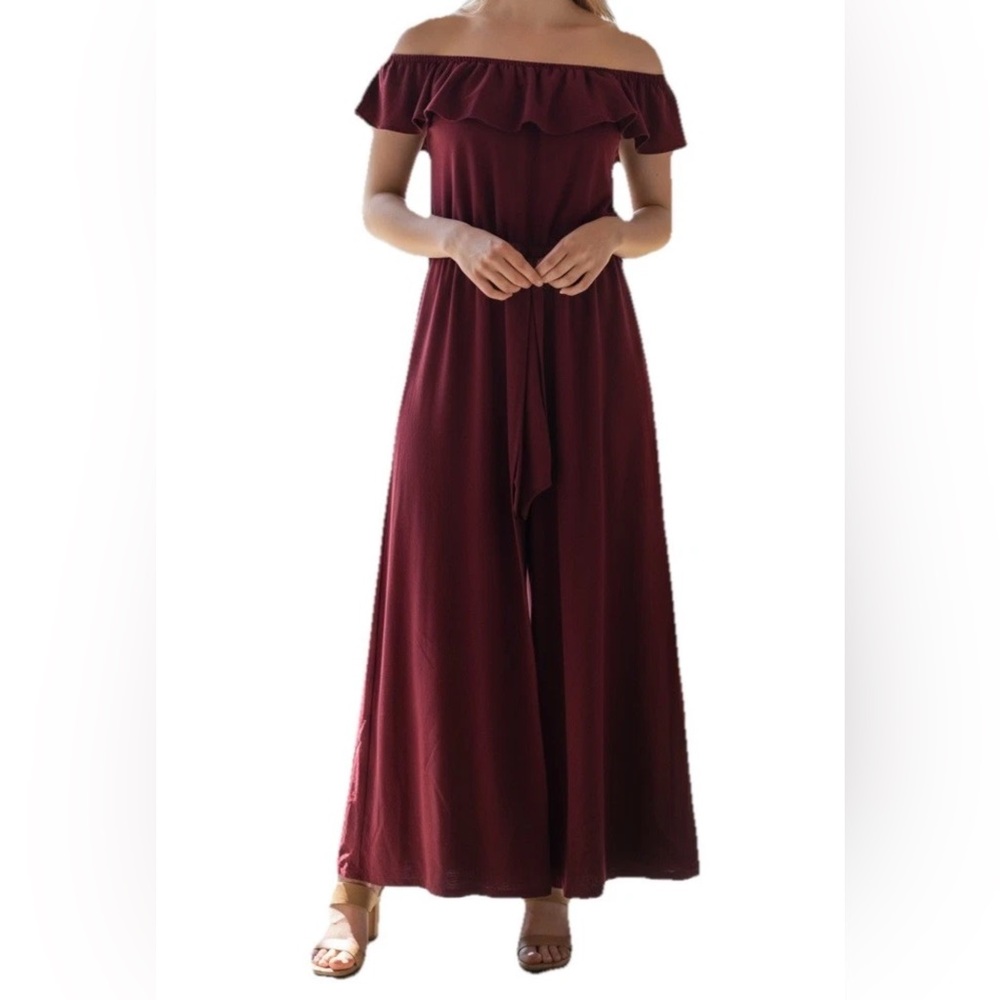 NWT Maroon Split Romper Off Shoulder Dress Overlay W/Shorts Size L Ruffle Sleeve